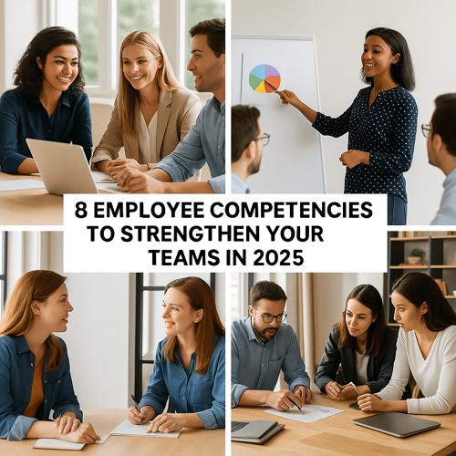 Collage of diverse professionals collaborating, presenting data, and discussing work to strengthen employee competencies in 2025