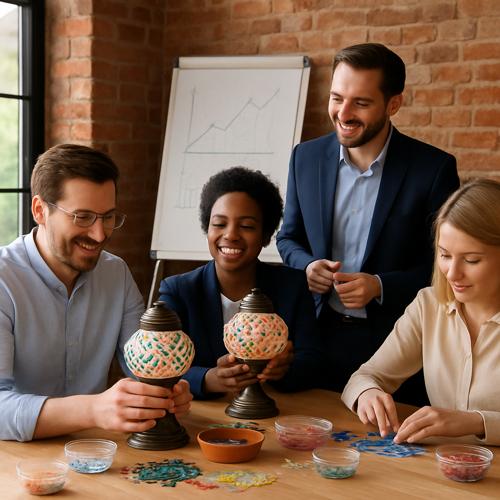 Diverse business team smiling and assembling mosaic lanterns during creative executive retreat in modern office