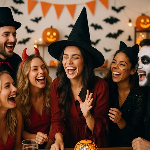 Group of friends laughing and dressed in Halloween costumes with bats and pumpkin decorations