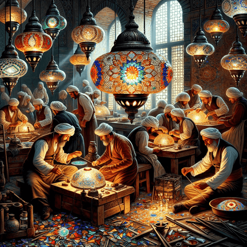 Artisans crafting traditional Turkish mosaic lamps in a historic workshop with intricate stained glass lighting