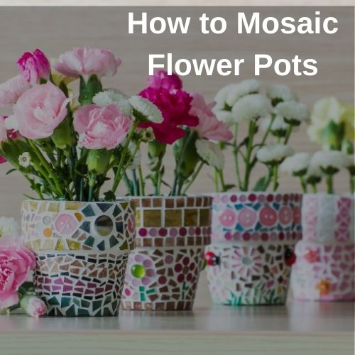 Mosaic flower pots decorated with colorful tile pieces holding pink and white carnations on a wooden surface