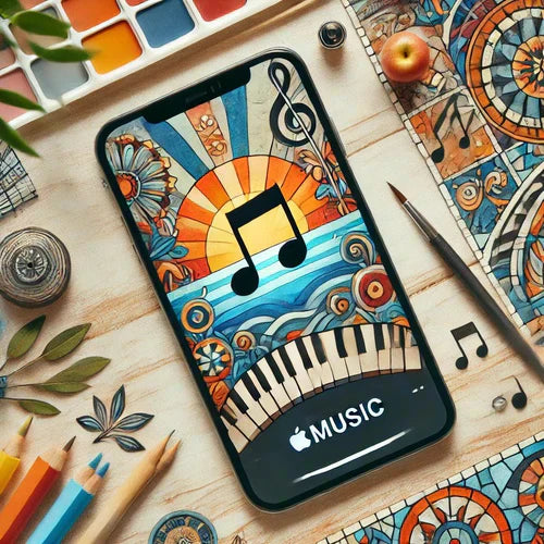 iPhone displaying colorful Apple Music app screen on wooden table with artistic music-themed items