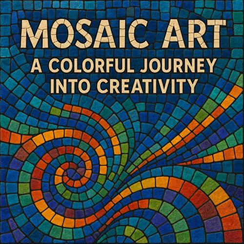 Colorful mosaic art with spiral patterns and text reading 'Mosaic Art A Colorful Journey Into Creativity'