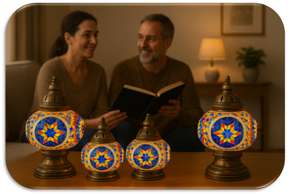 Colorful Turkish mosaic lamps with blue and orange patterns on a wooden table, couple reading in the background