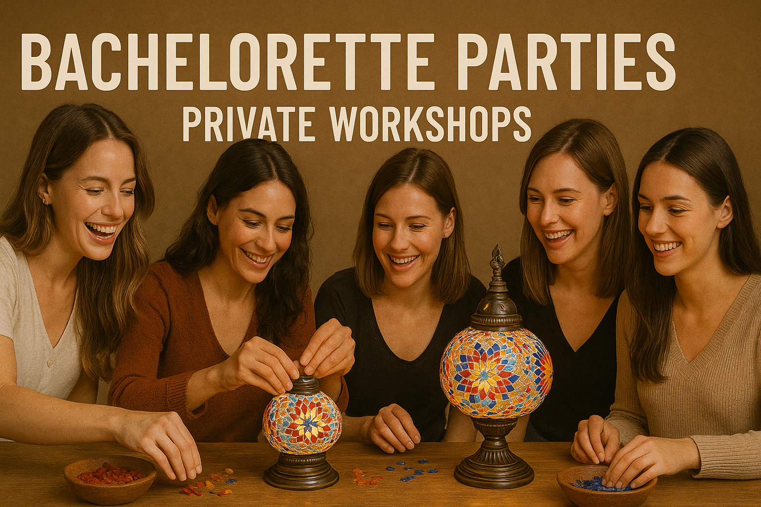 Group of women enjoying a bachelorette party creating mosaic lamps in a private workshop