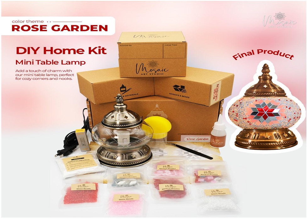 DIY Rose Garden mini table lamp kit with mosaic beads, glue, lamp base, and final mosaic lamp product