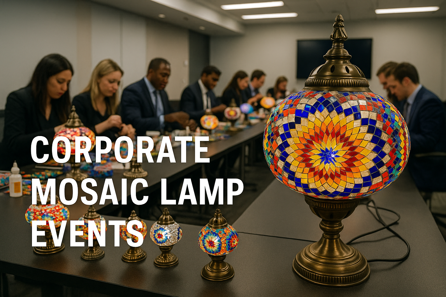 Business professionals engaged in creating colorful mosaic lamps at a corporate workshop event