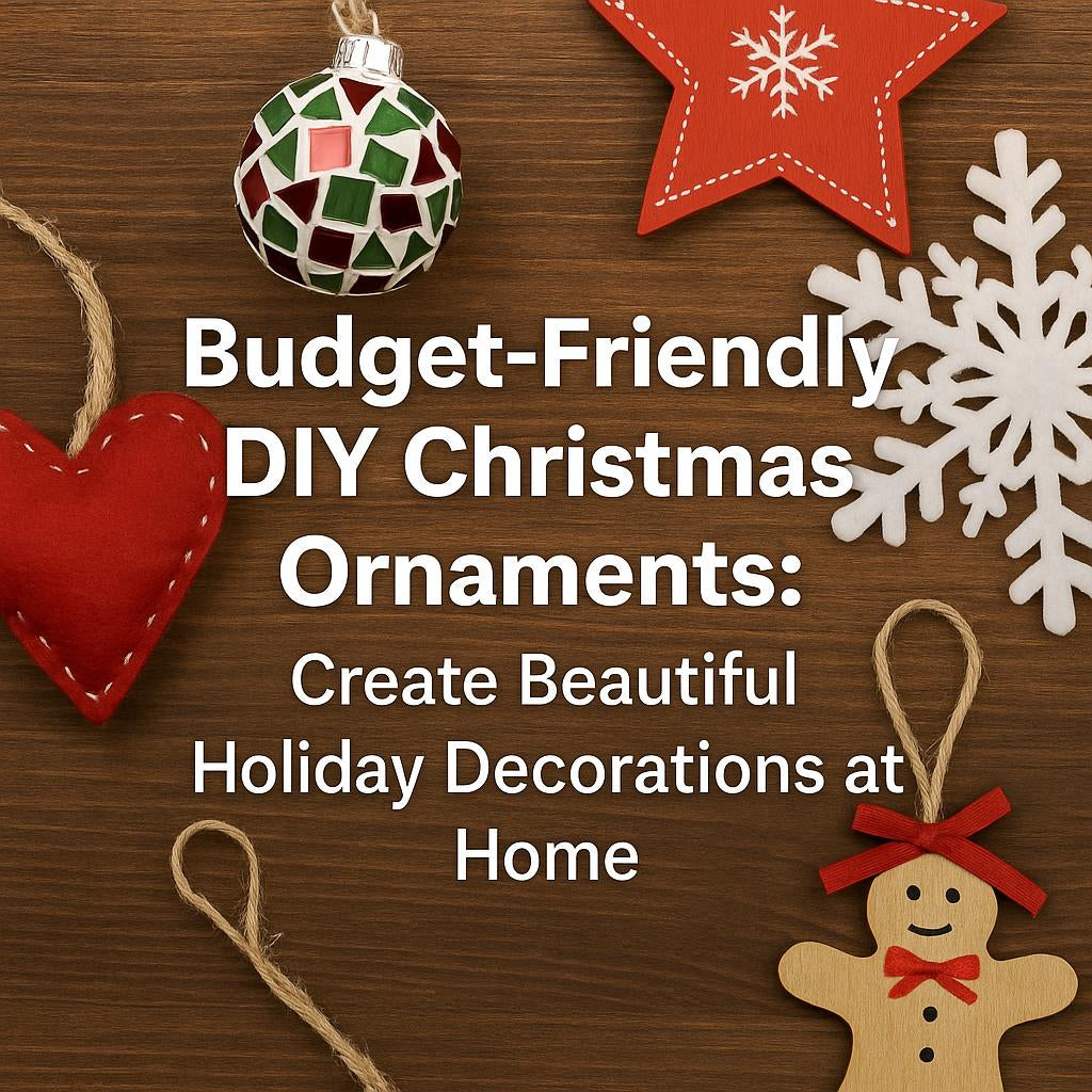 Budget-friendly DIY Christmas ornaments including heart, mosaic ball, star, snowflake, and gingerbread on wooden background