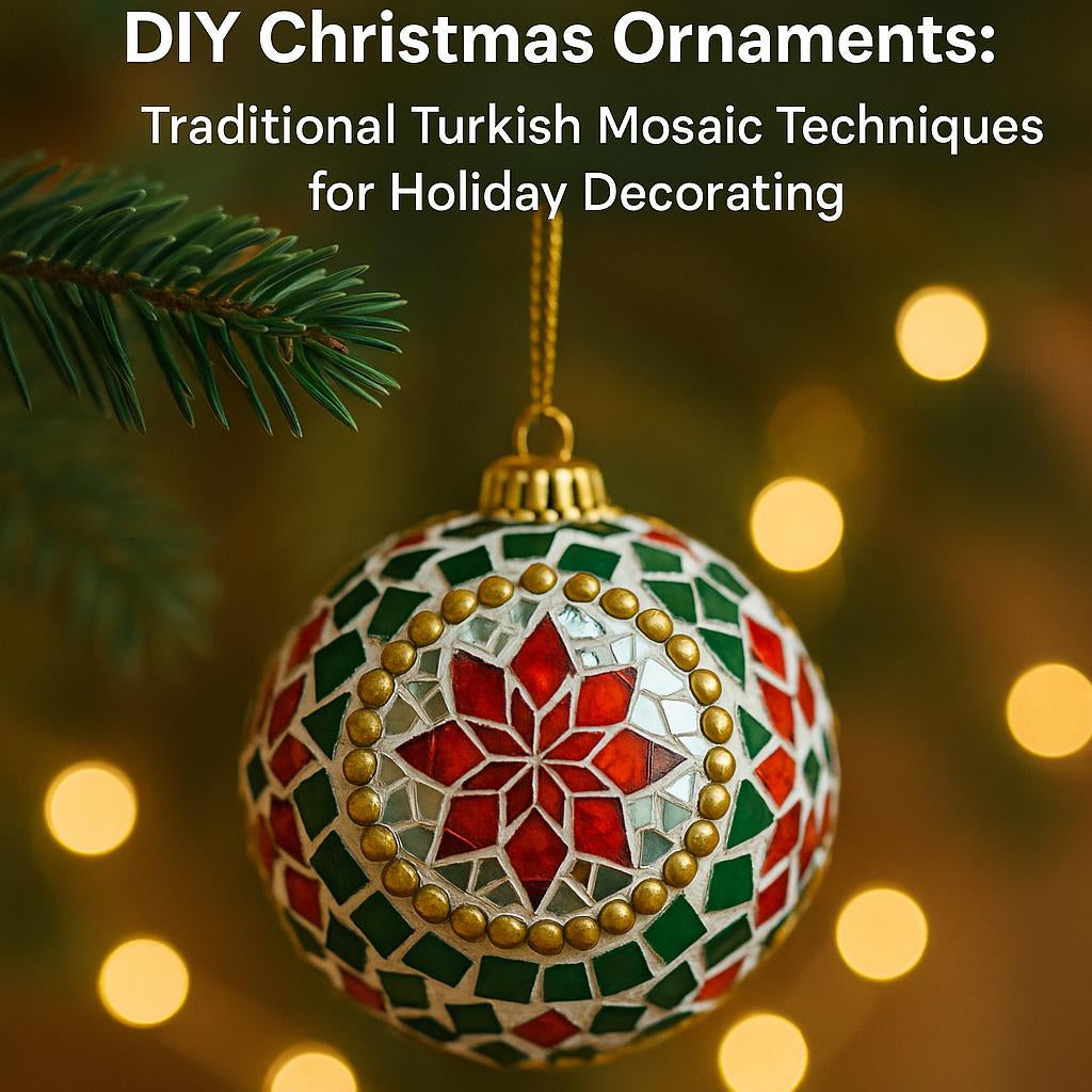 Handmade DIY Christmas ornament with traditional Turkish mosaic design in red, green, and gold hanging on a pine tree branch