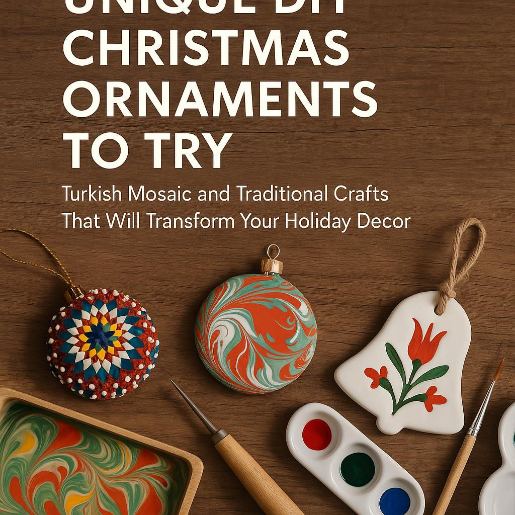 Unique DIY Christmas ornaments with Turkish mosaic and marbled designs on wooden background