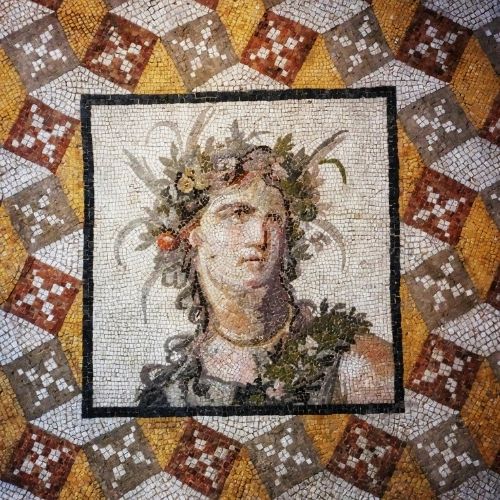 Ancient Roman mosaic featuring a detailed portrait of a person with a floral crown surrounded by colorful geometric patterns
