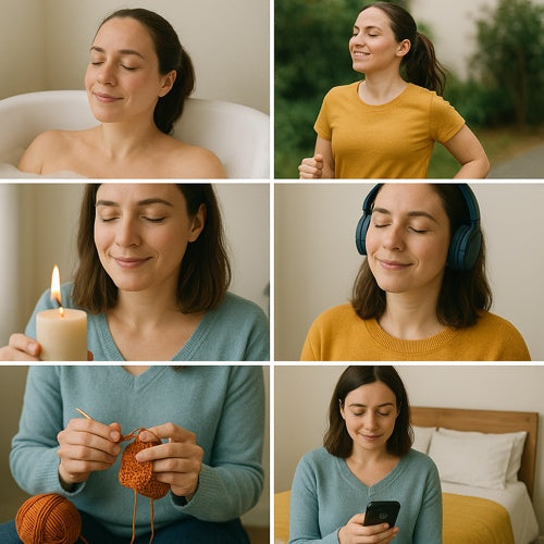 Woman enjoying self-care activities including bathing, jogging, candle meditation, listening to music, knitting, and using smartphone in cozy home settings