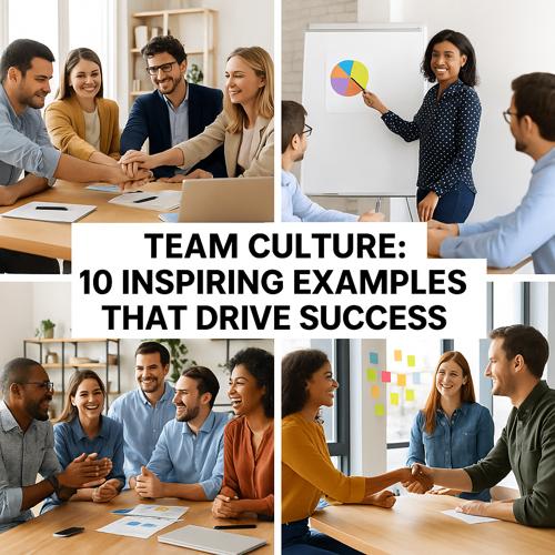 Collage of diverse teams collaborating, presenting, and shaking hands in modern office promoting team culture and success