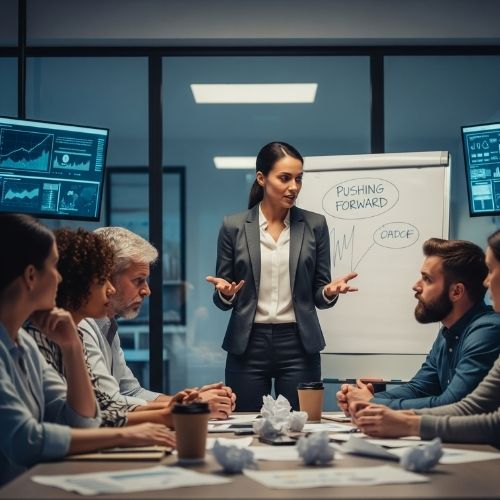 Businesswoman leading a team meeting with charts and 'Pushing Forward' note on whiteboard in modern office
