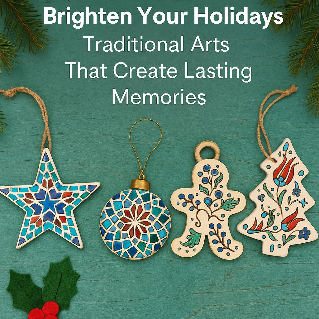 Hand-painted ceramic Christmas ornaments including star, ball, gingerbread figure, and tree on teal background