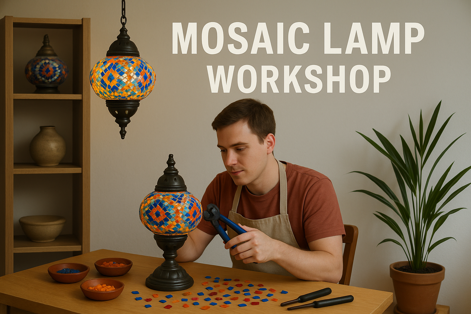 Young man crafting colorful mosaic lamp in workshop with tools and glass pieces on table