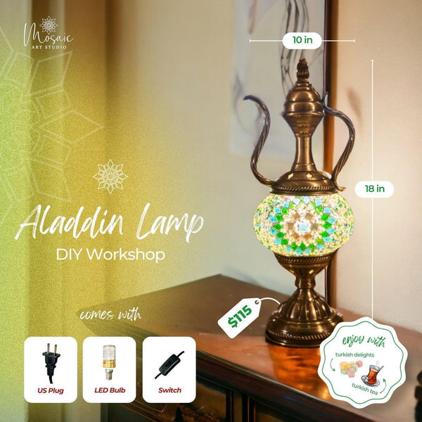 Aladdin lamp with colorful mosaic design, 18-inch height, 10-inch width, included US plug, LED bulb, and switch