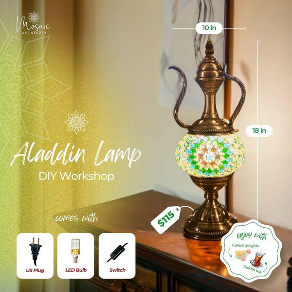18-inch mosaic Aladdin lamp with LED bulb on wooden table, vintage decorative Turkish style