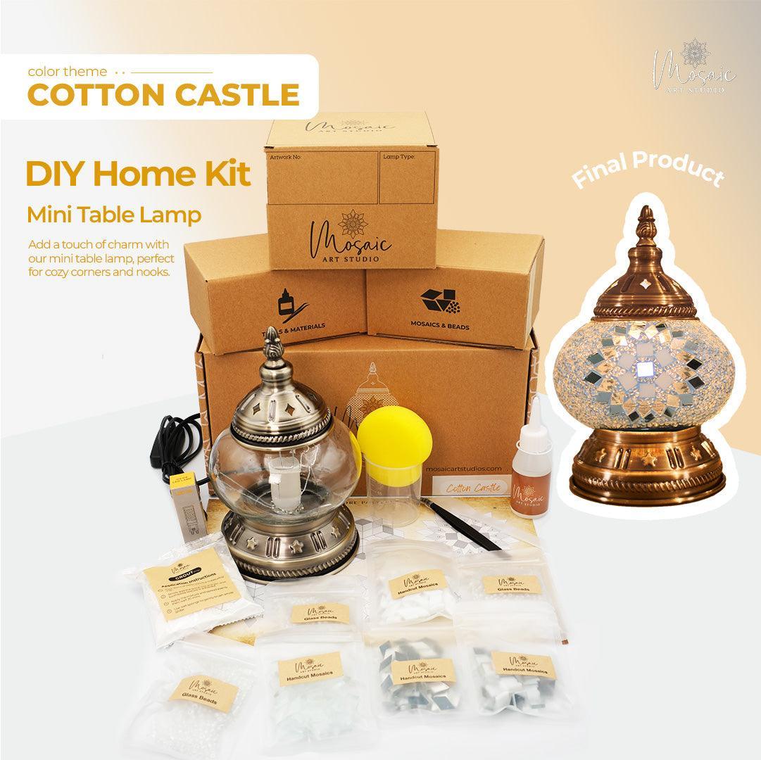 DIY Mini Table Lamp Kit with mosaic glass beads, lamp base, tools, and packaging boxes