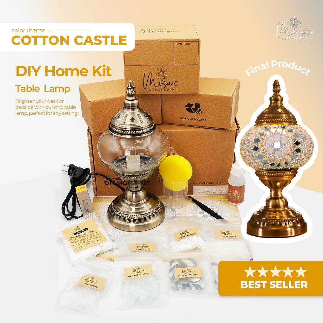 DIY Cotton Castle table lamp kit with metal base, mosaic tiles, glass beads, and assembly tools