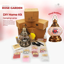 DIY camping lamp kit with glass beads, mosaics, paint, and brass lamp base with Rose Garden theme
