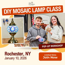 Advertisement for a DIY Mosaic Lamp Class in Rochester, NY with two participants and a mosaic lamp.