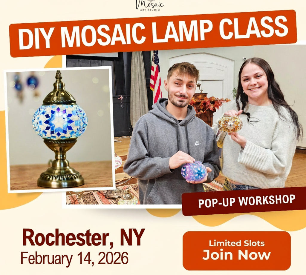 Advertisement for a DIY Mosaic Lamp Class in Rochester, NY with two participants and a mosaic lamp.
