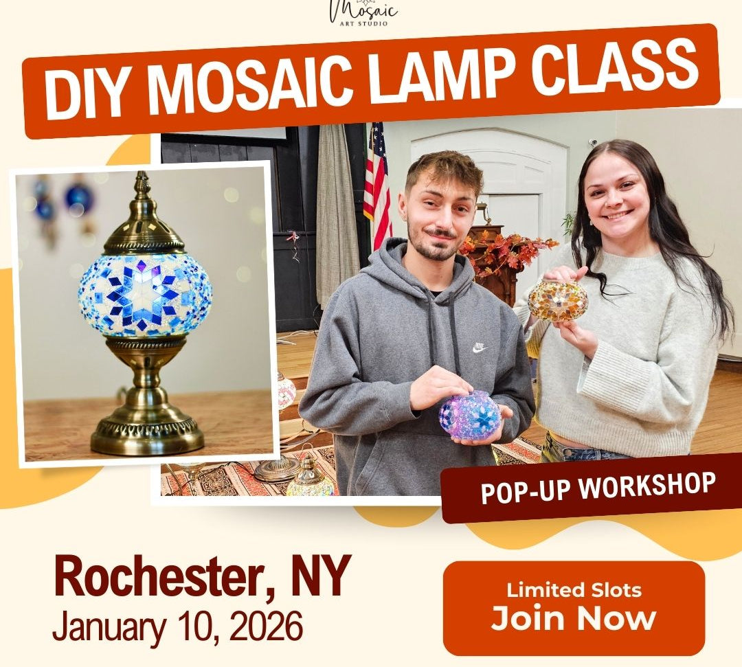 Advertisement for a DIY Mosaic Lamp Class in Rochester, NY with two participants and a mosaic lamp.