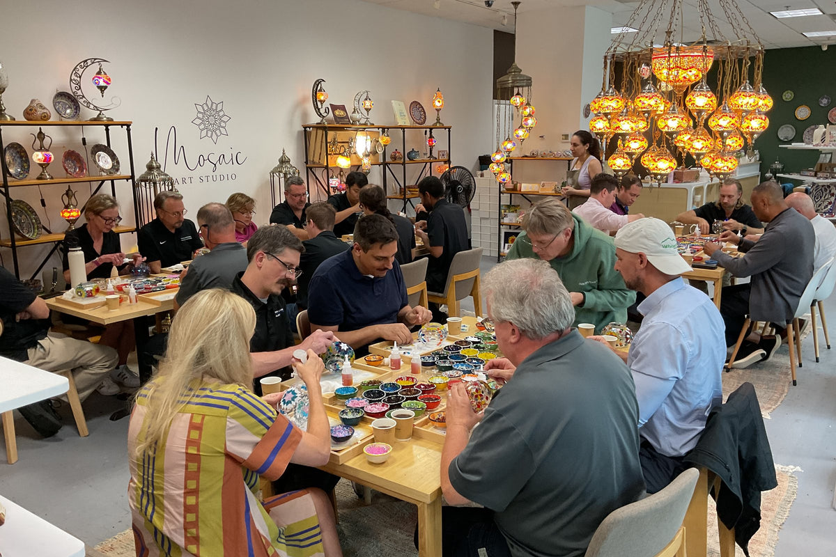 A corporate team building mosaic lamp workshop at Mosaic Art Studio in Voorhees, NJ