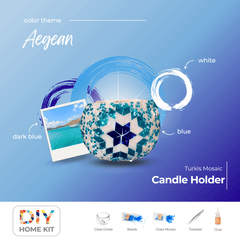 Aegean-themed DIY mosaic candle holder kit with glass globe, beads, mosaic tiles, tweezers, and glue