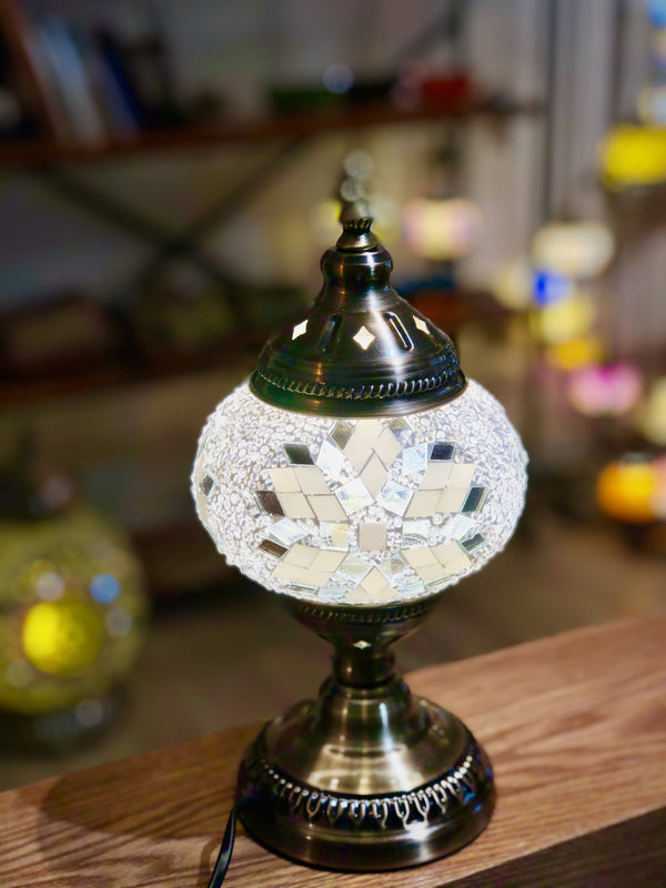 All white with mirror diamonds. Handmade with love at a Mosaic Art Studio workshop.