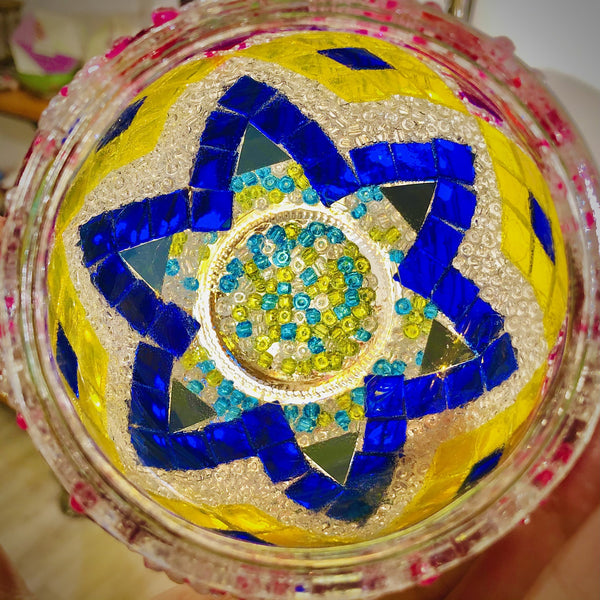 Cobalt star on sunflower yellow. Handmade with love at a Mosaic Art Studio workshop.