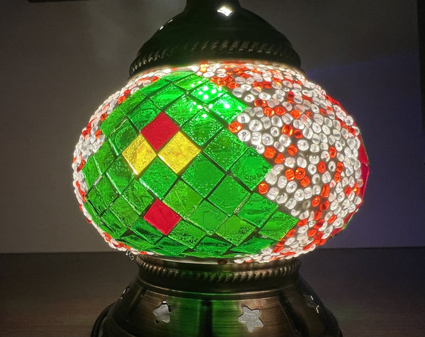 Emerald field with ruby and gold squares. Handmade with love at a Mosaic Art Studio workshop.