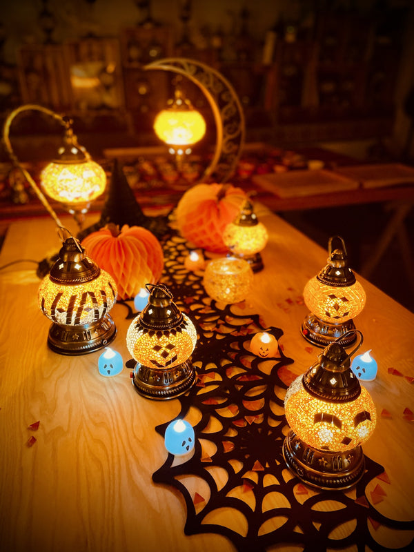 Halloween pumpkins and ghosts in amber. Handmade with love at a Mosaic Art Studio workshop.