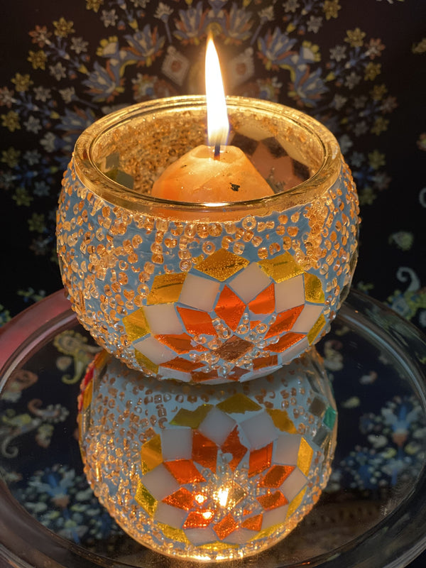 Orange and white eight-point star. Handmade with love at a Mosaic Art Studio workshop.