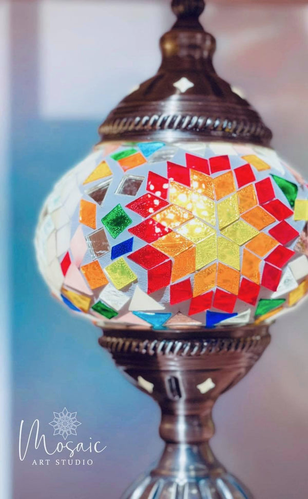 Rainbow starburst on frosted white. Handmade with love at a Mosaic Art Studio workshop.