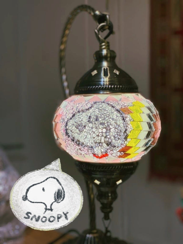 Snoopy in silver on pastel pink. Handmade with love at a Mosaic Art Studio workshop.