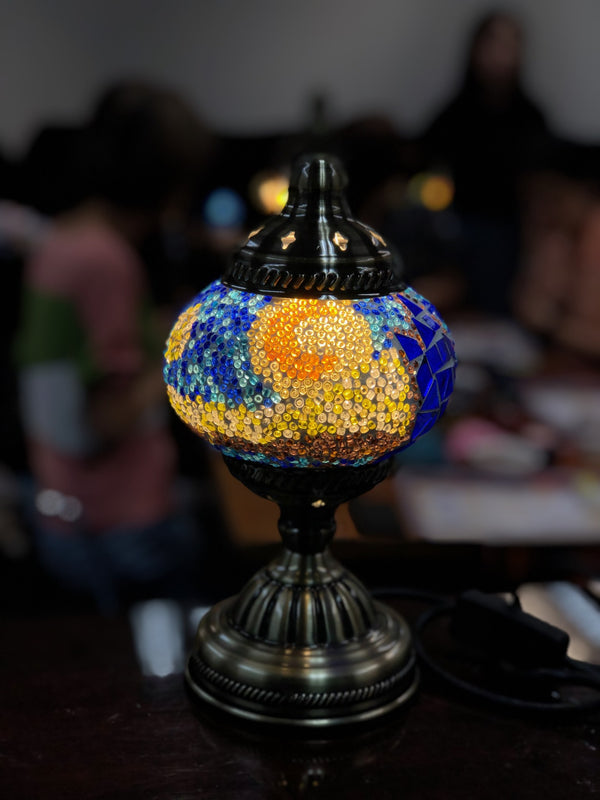 Starry-night swirl in cobalt and gold. Handmade with love at a Mosaic Art Studio workshop.