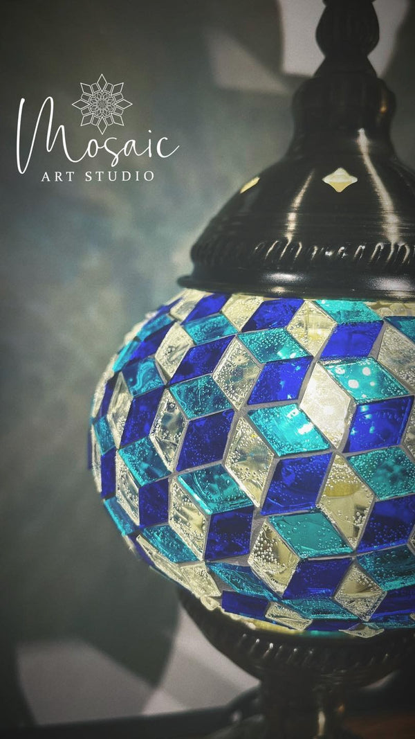 Tumbling blocks in blue and teal. Handmade with love at a Mosaic Art Studio workshop.