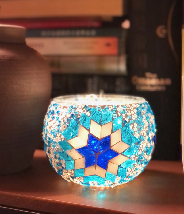Turquoise and cobalt eight-point star. Handmade with love at a Mosaic Art Studio workshop.