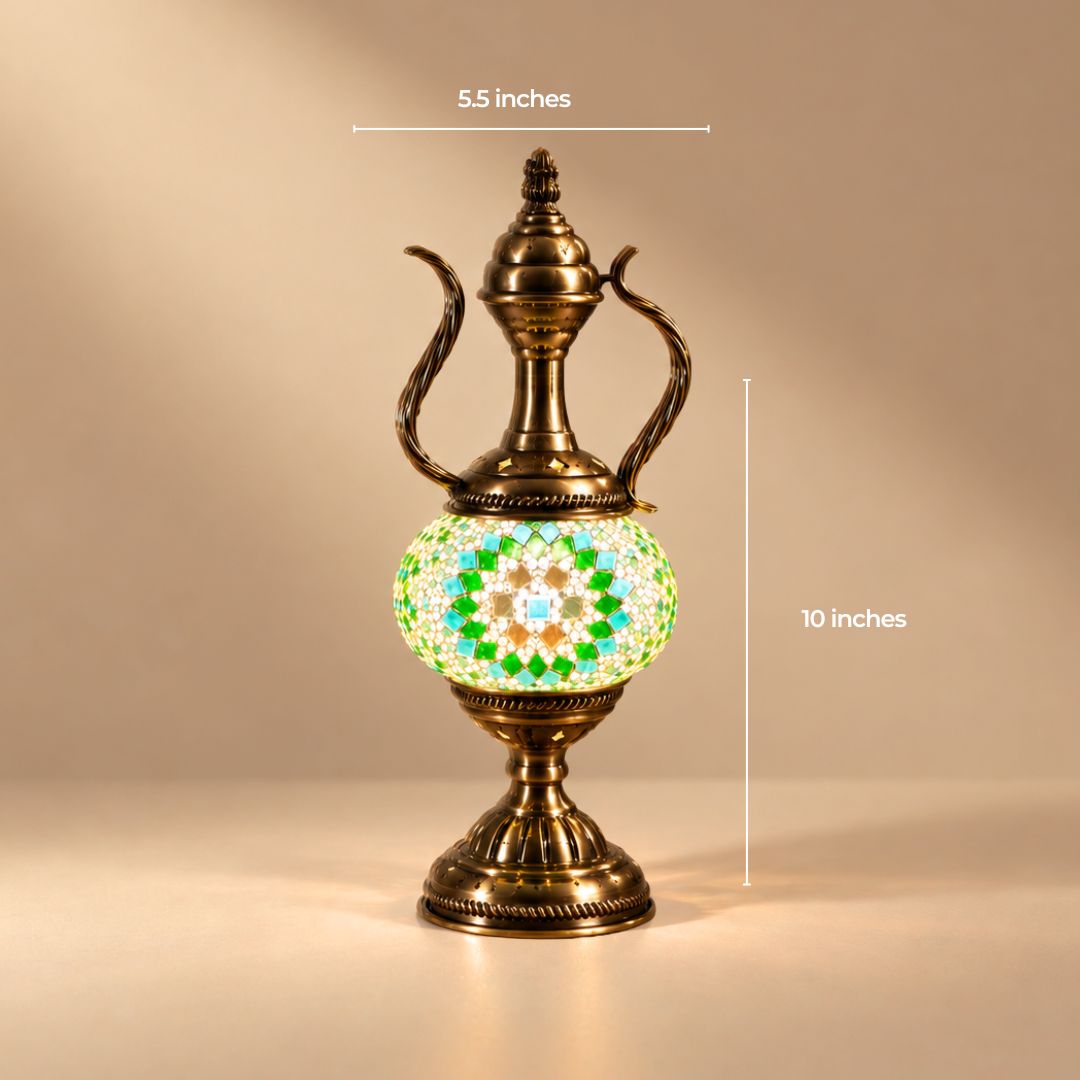 Turkish mosaic Aladdin lamp in green and turquoise with a curved spout and handle, 5.5 by 10 inches