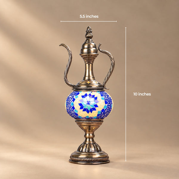 Turkish mosaic Aladdin lamp with a curved spout and handle and a blue mosaic globe, 5.5 by 10 inches