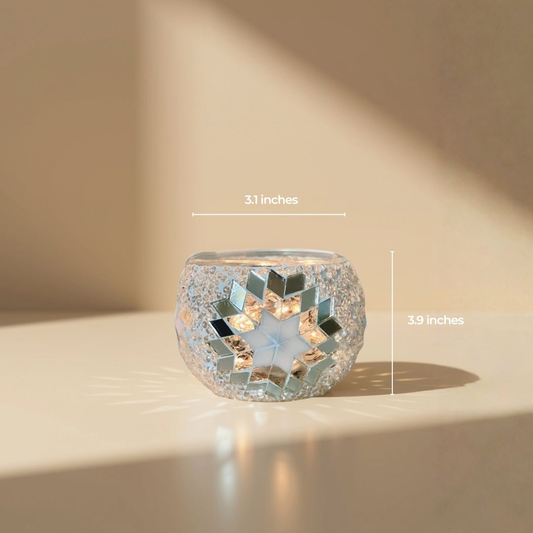 Turkish mosaic candle holder with a blue and white star pattern, 3.1 by 3.9 inches