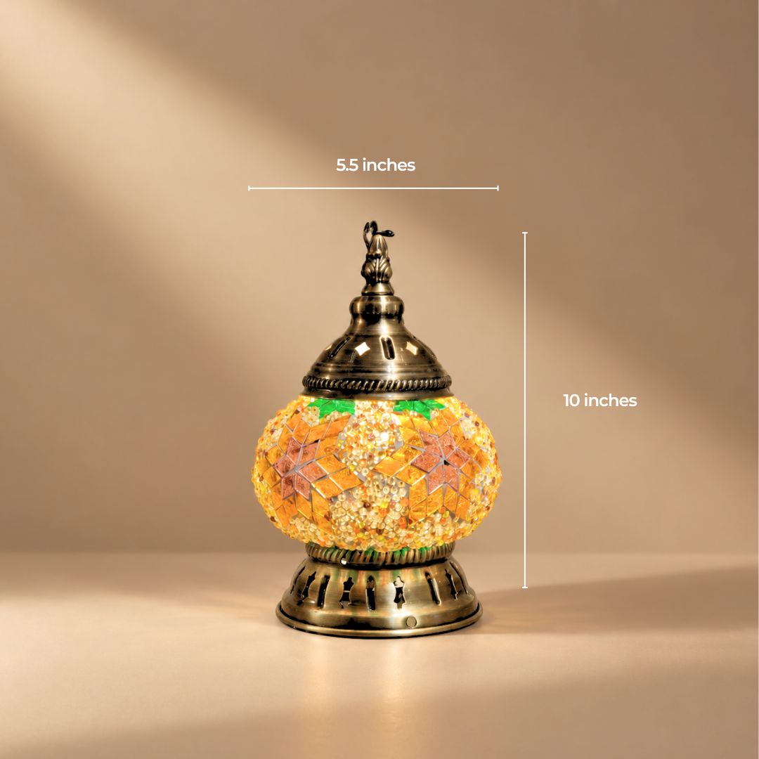 Mini Turkish mosaic table lamp in amber and green on an antique bronze base, 5.5 by 10 inches
