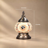 Mini Turkish mosaic table lamp on an antique bronze base with a pierced star cut-out ring, 5.5 by 10 inches