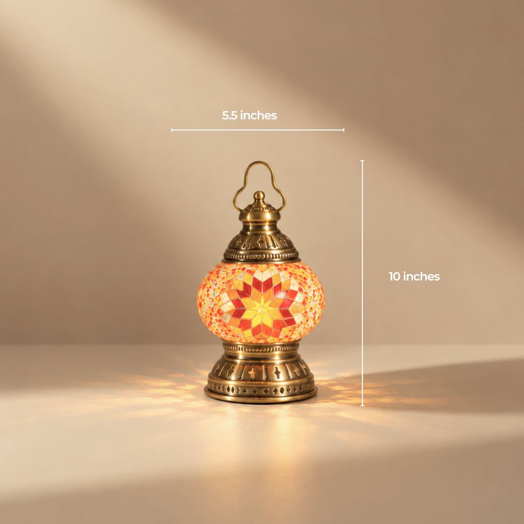 Portable Turkish mosaic lamp in red and orange with a carry handle, 5.5 by 10 inches