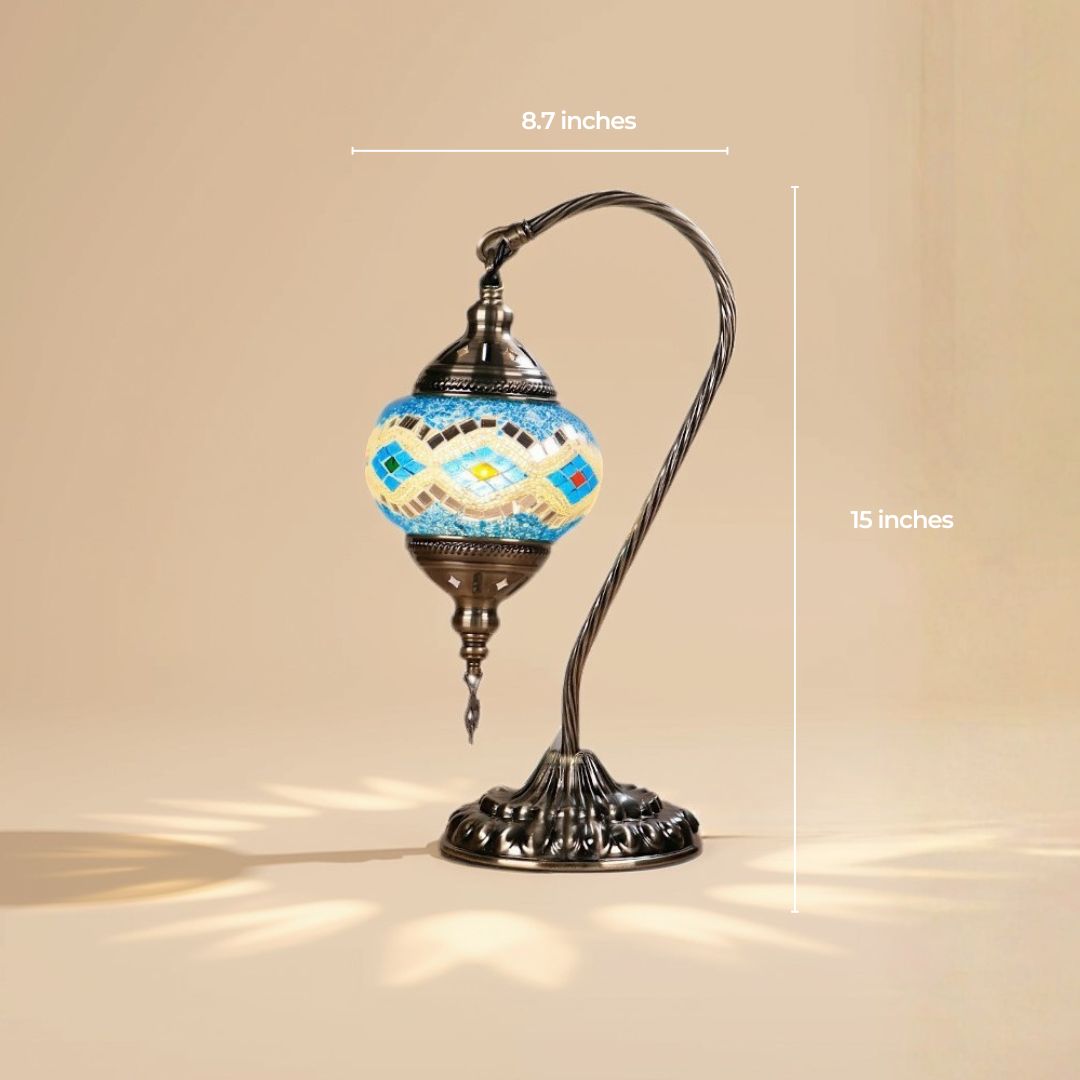Turkish mosaic swan lamp with a turquoise globe on an arched gooseneck stand, 8.7 by 15 inches