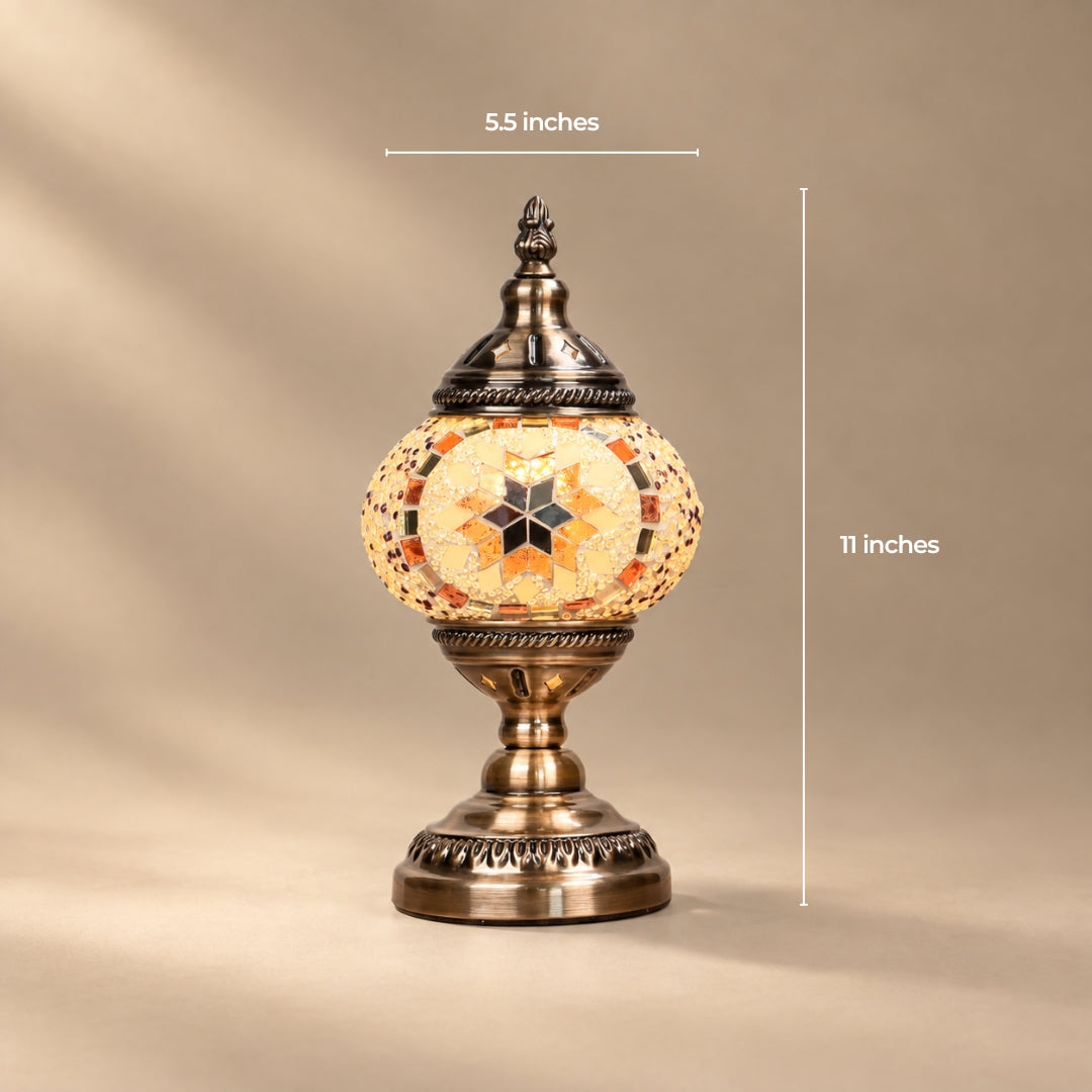 Turkish mosaic table lamp on a turned antique bronze pedestal, 5.5 by 11 inches