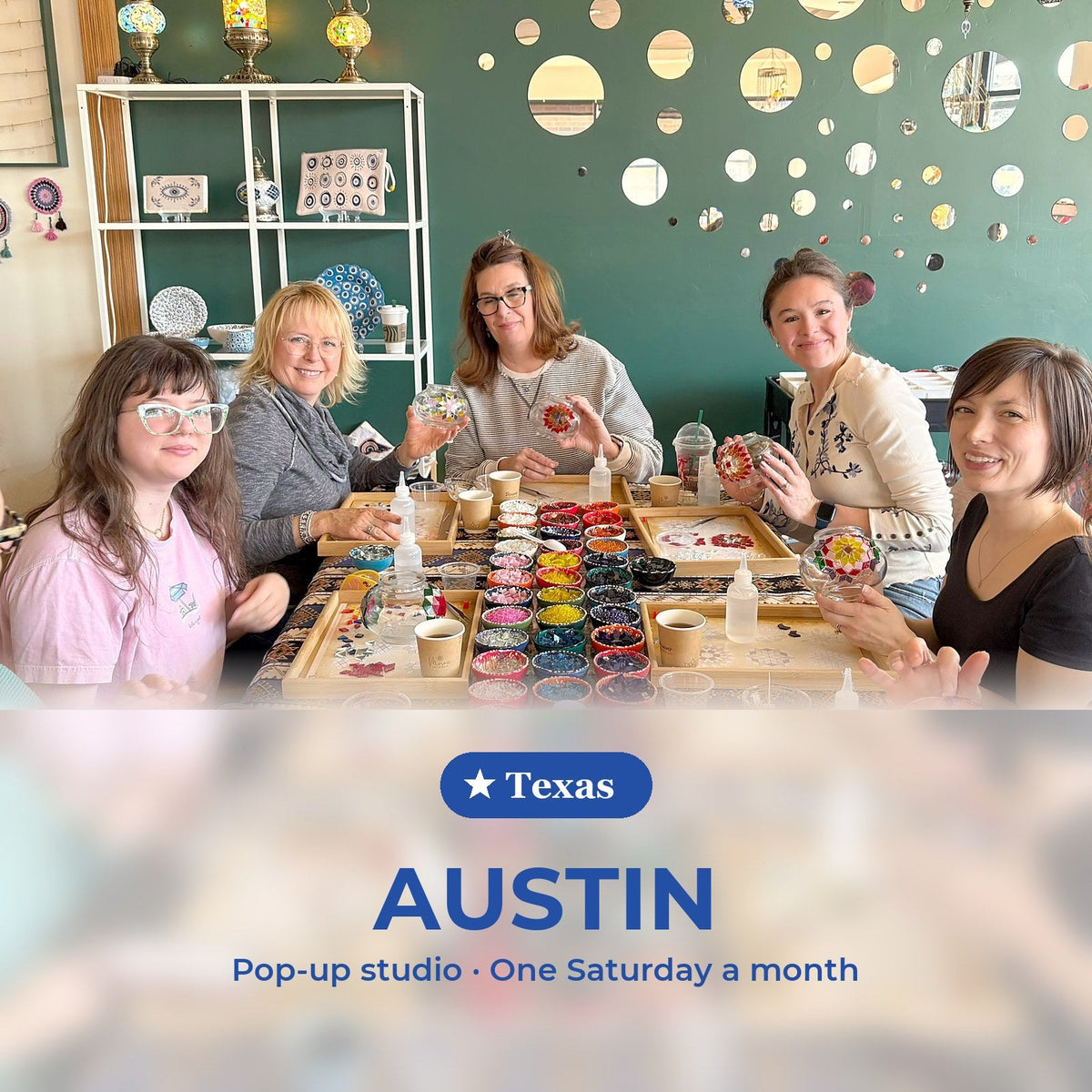 Turkish mosaic lamp workshop, Texas pop-up studio in Austin