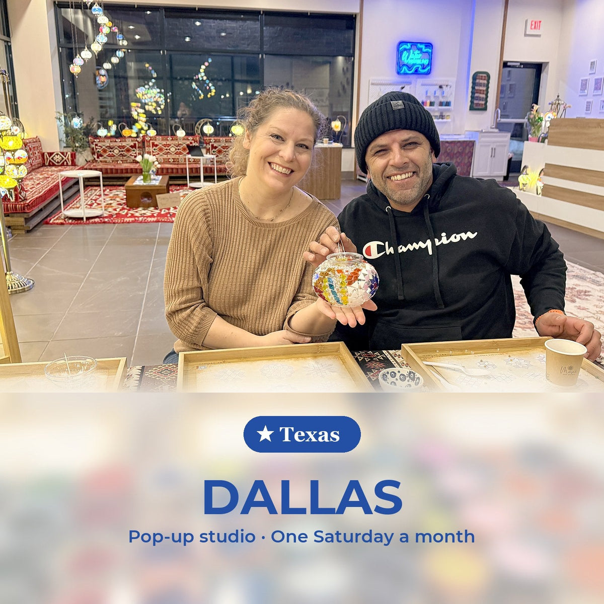 Turkish mosaic lamp workshop, Texas pop-up studio in Dallas